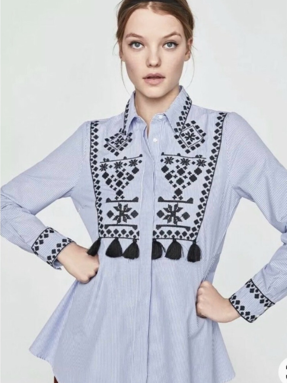 Women's Blue & White Striped Embroidered Button-Up blouse